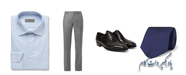  کفش و کراوات مناسب برای ست کردن با پیراهن آبی و شلوار خاکستری 