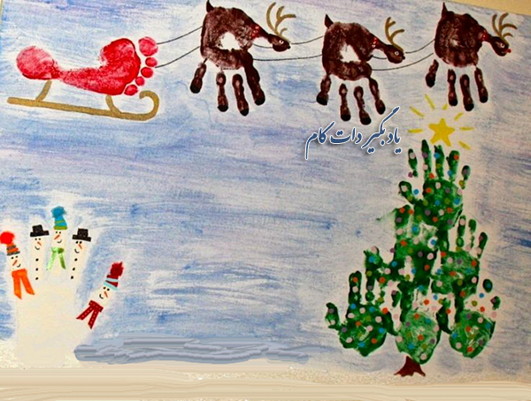 نقاشی درخت کاج و آدم برفی با رنگ انگشتی